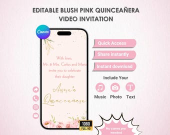 Blush Pink Quinceañera Video Invitation – Soft Pink & Gold XV Invite – Elegant Quince 15 Animated Evite – Editable Canva Template