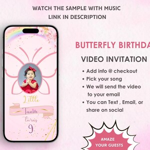 Butterfly Birthday Video Invitation - Girl&#39;s Birthday Pink Butterfly Invite - Butterfly Theme Birthday Party Digital Invite