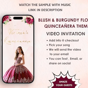 Blush & Burgundy Floral Quinceañera Video Invitation - Quinceanera Blush, Burgundy Floral Theme Invite - Mis Quince Anos Birthday Invite