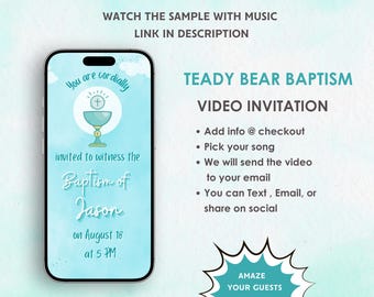 Teddy Bear Baptism Video Invitation - Personalized Baby Baptism Template - Sweet Teddy Bear Baptism - Teddy Bear Theme Baptism Invite