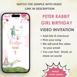 Invito video per il compleanno di una bambina di Peter Rabbit - Invito per il primo compleanno di una bambina di Peter Rabbit rustico rosa - Invito per festa a tema Peter Rabbit