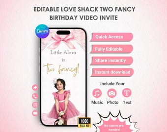 Invitación animada de cumpleaños con dos lazos rosas para niña / Plantilla Canva / Descarga instantánea