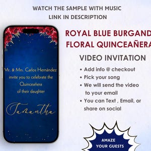 Royal Blue Burgandy Floral Quinceañera Video Invitation - Royal Blue Mis Quince Anos Invite - Royal Blue Quinceañera Theme Digital Invite