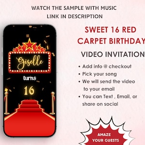 Red Carpet Birthday Video Invitation - Red Carpet Under The Stars Sweet 16th Birthday Invitation -   Red Carpet Theme Party Digital Invite