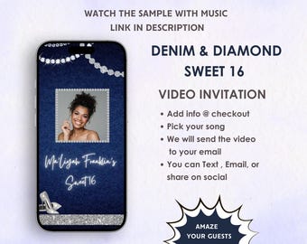 Convite de vídeo para festa de 16 anos Denim e Diamond - Convite de aniversário para festa de 16 anos Shine Like Diamond - Convite para festa de 16 anos com tema Denim & Diamond