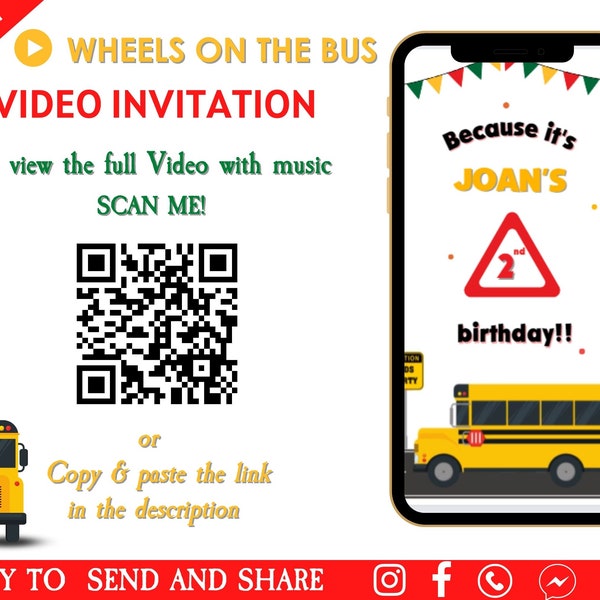 Wheels on the Bus Birthday Video Invitation - Wheels on the Bus Go Round and Round Invitation - School Bus Birthday Party Invite