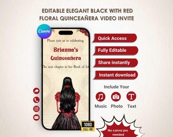 Red and Black Quinceañera Animated Video Invitation | Canva Template | Instant Download