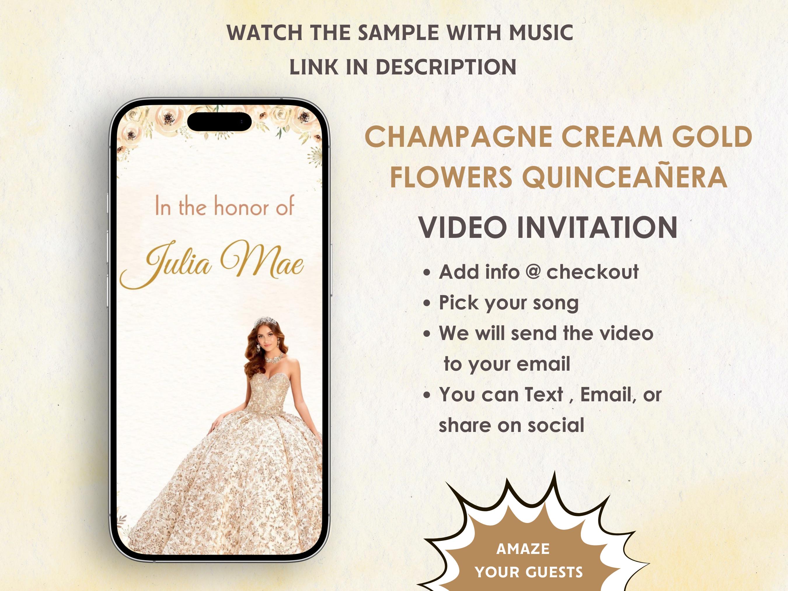 Champagne Quinceaera Video Invitation - Quinceaera Cream Gold Flowers  Theme Digital Invite - Mis Quince Anos - Quince Anos Birthday Invite - Etsy