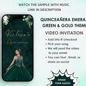Emerald Green & Gold Quinceañera Invitation - Emerald Green Quince Party Invite - Emerald Green, Gold Theme Quince Años Digital Invite