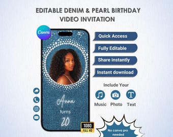 Denim and Diamond Pearl Birthday Invite | Canva Template | Instant Download | Pastel Birthday eInvite