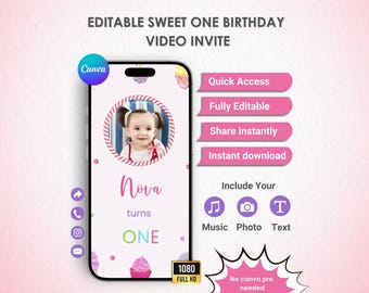 Sweet One Birthday Animated Video Invitation – Instant Download