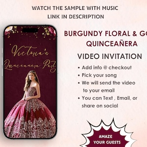 Burgundy Floral & Gold Quinceañera Video Invitation - Mis Quince Anos Birthday Invite - Quinceañera Burgundy Floral, Gold Theme Invite