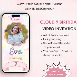 Cloud 9 Birthday Party Video Invitation - Cloud 9 Rainbow Digital Birthday Invitation - Rainbow Cloud 9 Theme Party Invite