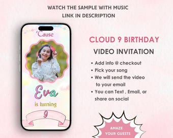 Cloud 9 Birthday Party Video Invitation - Cloud 9 Rainbow Digital Birthday Invitation - Rainbow Cloud 9 Theme Party Invite