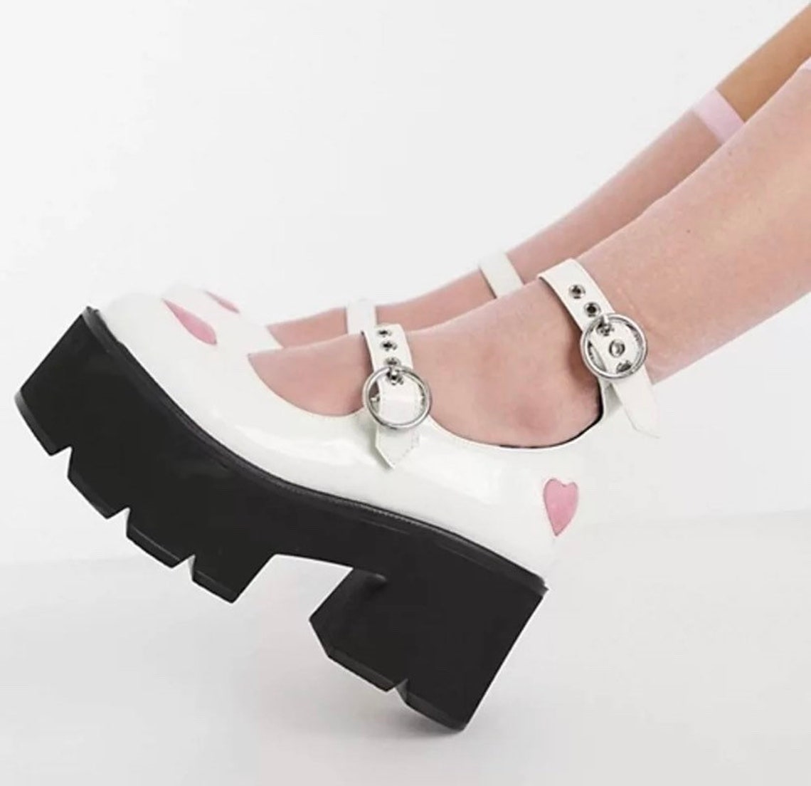Mary janes shoes block heel buckles black white heart Etsy