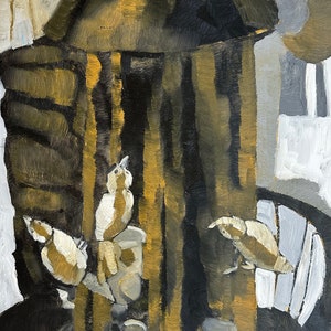 Mangeoire pour oiseaux d'hiver du Maine avec peinture écureuil. 24 x 36 po. Huile sur bois, panneau suspendu. Prêt à accrocher. Erin McGee Ferrell ArtisteAMERICAN.com