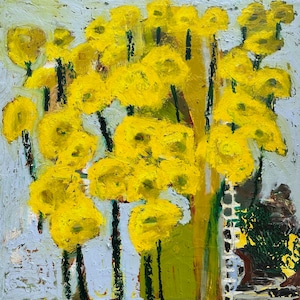 Peinture à l'huile de fleurs jaunes. Studio d'art contemporain de Falmouth, Maine. Erin McGee Ferrell. ArtisteAMERICAN.com