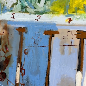 Puede incluir: Pintura abstracta con tres secciones etiquetadas como 1, 2 y 3. Cada sección presenta un esquema de color y un estilo de pincelada diferentes. La pintura está realizada en tonos de azul, marrón, blanco y amarillo.