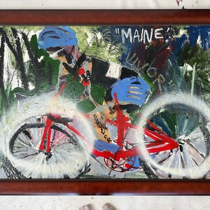 Peinture à l'huile de triathlon sur vélo de survivant du cancer. Encadré 38 x 54 pouces. Erin McGee Ferrell. ArtisteAMERICAN.com