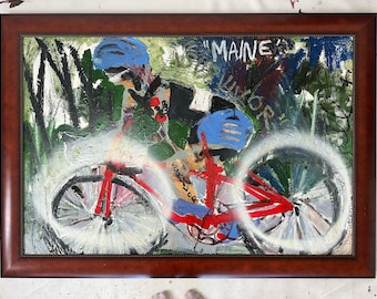 Krebsüberlebender Fahrrad-Triathlon-Ölgemälde. Gerahmt 38 x 54 Zoll. Erin McGee Ferrell. ArtistAMERICAN.com