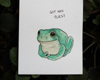 Funny white tree frog asking for flies, original watercolor postcard