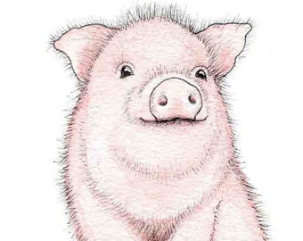 Cute pig asking for second breakfast, original watercolor painting, postcard format