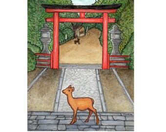 A painting of Nara, Japan with a deer and a Torii, original painting