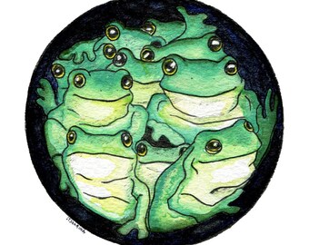 A group of frogs sitting on top of each other, original painting