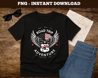 Road Trip USA Eagle Wing Emblem: Biker Design (PNG, Instant Download)