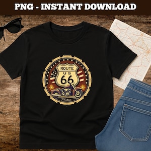 Motocicletta della Route 66 PNG / Design a sublimazione di motociclista d'epoca / Autostrada americana retrò / Grafica di viaggio patriottico / Download immediato