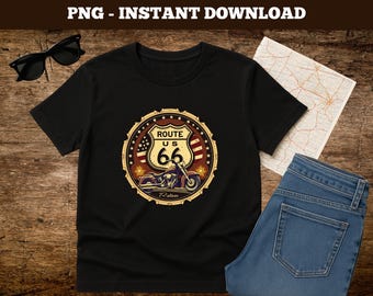 Route 66 Motorcycle PNG: Vintage Biker Design (Instant Download)