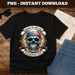 Riding to the End Skull PNG | Patriotic Biker Club Design | Motorcycle Skull Clipart | Instant Download for Shirts, Stickers, Posters