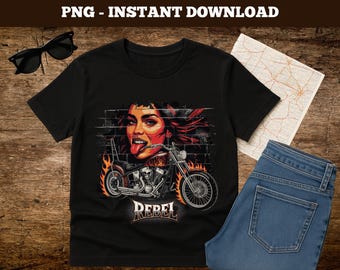 Rebel Girl Skull Motorcycle PNG: Punk Rock Biker Art (Digital Download