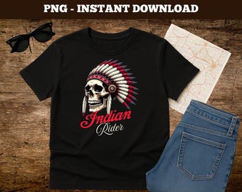 Skull Rider with Feathered Headdress PNG | Biker Sublimation Design | Tribal-Inspired Skull Clipart | Motorcycle Digital Download