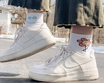 Flower Socks | White Cotton | crew ankle