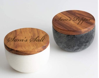 Personalized SALT BOX Spice Storage Case Wood Lid Jar Seasoning Sugar Gifts for Her Women Kitchen White Cooking Custom Engraved