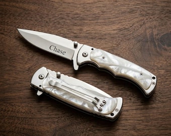 Personalized Pearl White POCKET KNIFE 30th Anniversary Wedding Birthday Gift for Him Dad Men Husband Boyfriend Fathers Day Custom Engraved