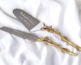 Personalized Wedding CAKE CUTTING SET Gold Leaf Cutter Knife Serving Server Knive Custom Engraved Rustic Vintage Minimalist Boho Classic