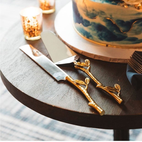 Personalized Wedding CAKE CUTTING SET Gold Leaf Floral Server Cutter Knife Rustic Vintage Minimalist Bridal Anniversary Gift for Her