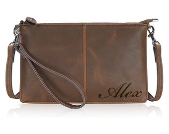 Personalized LEATHER WOMENS Shoulder Handbag Hand Bag Purse Wristlet Clutch Women Bridesmaid Gift for Her Women Minimalist Custom Engraved