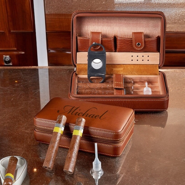 Personalized CIGAR HUMIDOR CASE Leather Travel Set Holder Cigars Custom Engraved Groomsmen Fathers Day Gifts for Dad Him Men Boyfriend Golf