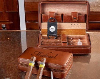 Personalized CIGAR HUMIDOR CASE Leather Travel Set Holder Cigars Custom Engraved Groomsmen Fathers Day Gifts for Dad Him Men Boyfriend Golf