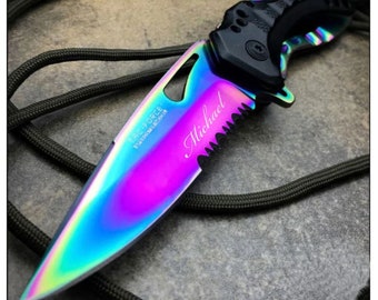 Personalized RAINBOW SPECTRUM Oil Slick Color Pocket Knive Knives Engraved Screwdriver Multitool Groomsmen Gifts for Dad Him Hunting