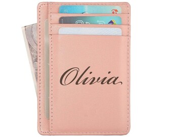 Personalized LEATHER WOMENS WALLET Women Pink Bridesmaid Gift for Her Women Mom Bachelorette Wedding Card Holder Minimalist Custom Engraved