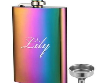 Personalized FLASK & FUNNEL SET Custom Engraved Rainbow Flasks Bridesmaid Gifts for Mom Birthday Gifts for Her Women Party Bridal Shower