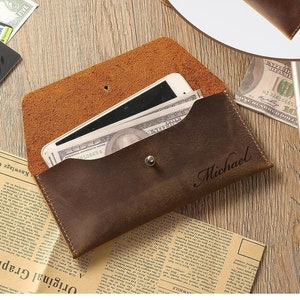 Personalized LEATHER ENVELOPE WALLET Cash Groomsmen Gift for Him Dad Men Gift for Wallets Clutch Pouch Bag Birthday Grandpa Custom Engraved