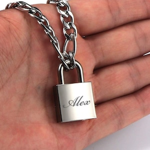 Personalized LOCK NECKLACE Padlock Couples Groomsmen Gift for Him Dad Men Her Girlfriend Mom Anniversary Wedding Birthday Custom Engraved