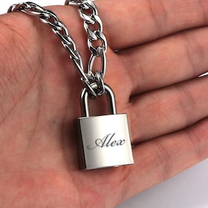 Personalized LOCK NECKLACE Padlock Necklaces Custom Engraved Couples Gifts for Him Dad Men Boyfriend Birthday Her Girlfriend Mom Anniversary