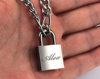 Personalized LOCK NECKLACE Padlock Necklaces Custom Engraved Couples Gifts for Him Dad Men Boyfriend Birthday Her Girlfriend Mom Anniversary