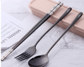 Personalized CHOPSTICKS SET fork Utensil Case Chop Sticks Groomsmen Gift for Her Mom Kid Child Wedding Birthday Boyfriend Custom Engraved